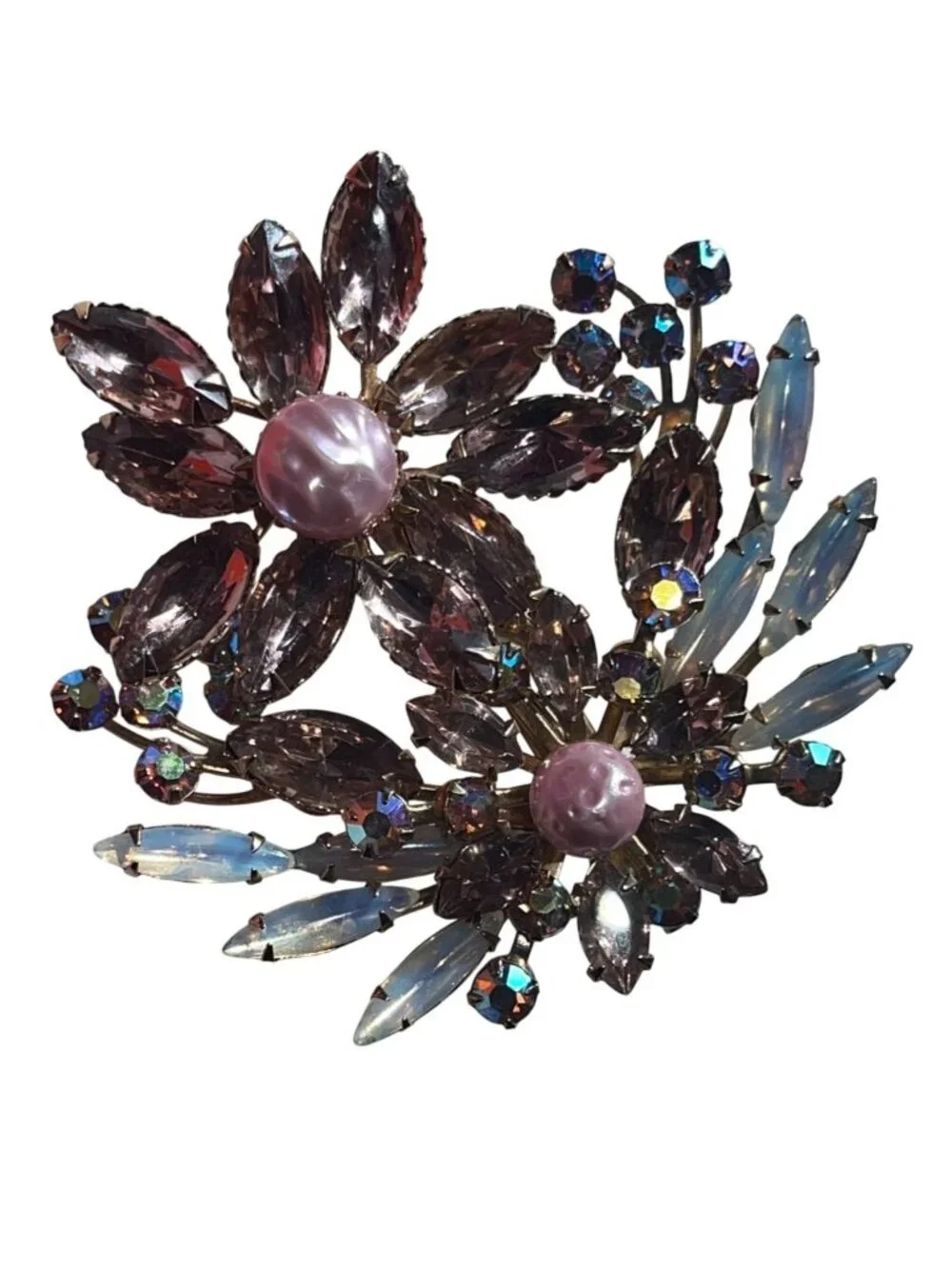 Large Vintage Mid-Century Floral Brooch W/ Smokey Purple Navette Rhinestones
